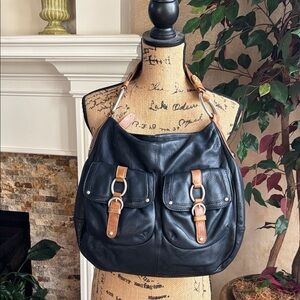 Elegant Navy Hobo Bag with Tan Accents